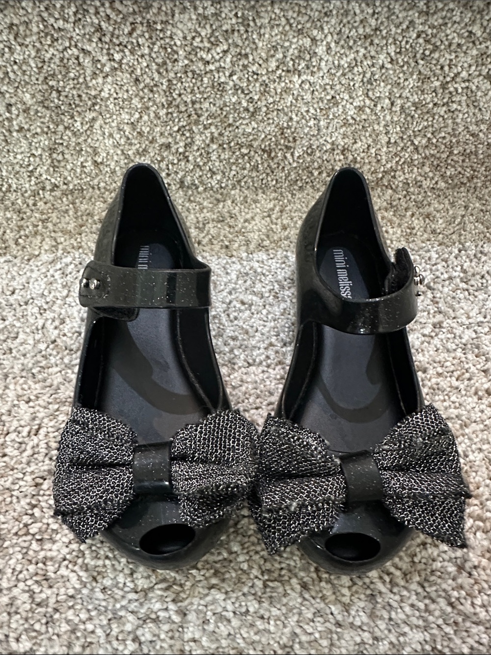 Mini Melissa Girls' Black Bow Peep-Toe Mary Jane Flats